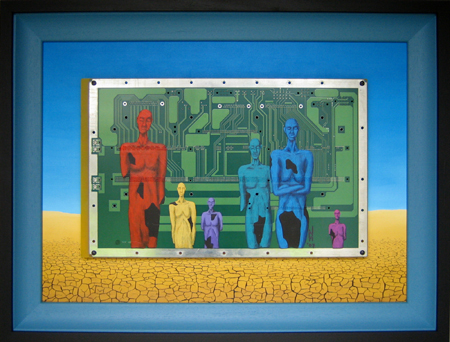 James Quinn trademark Broken Sculpture figures on large PCB. New on-line communities flourish regardless of individuals locations, backgrounds or appearance