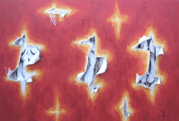 Canvas Panel painted in Acrylic, with canvas ripped to expose figurative drawings in Ink on Paper