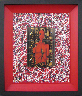 Figure on Printed Circuit Board, Contrasting abstract background. Framed. PCB, Acrylic, Newsprint, Emulsions.