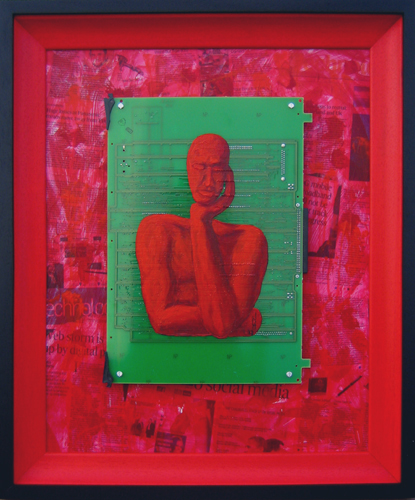 Pensive figure on large Circuit Board with textured newspring backing board. PCB, Acrylic, Newsprint.