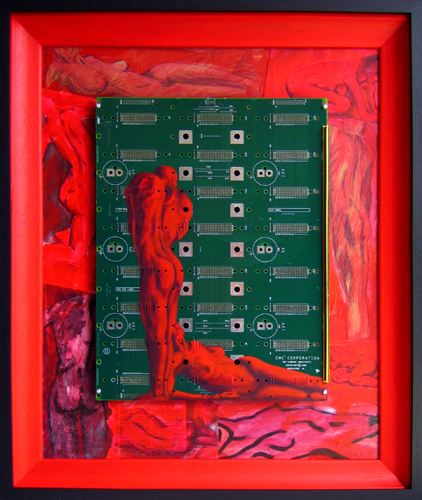 Technology Painting with large PCB mounted over backing board with preparatory sketches for subject figures
